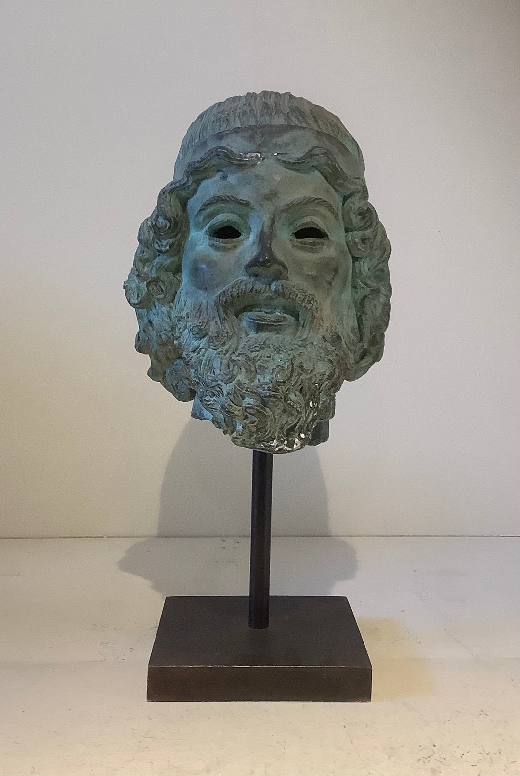 Patina Metal Finish Roman Head on Wooden Stand