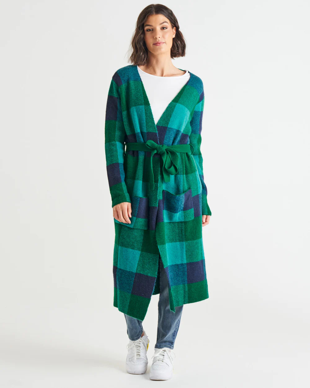 Betty Basics Swift Wraparound Oversized Tie Waist Cardigan - Green/Blue Check